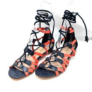 Candela Lace Up Gladiator Sandals Navy Blue & Coral Leather Suede Womens Size 9